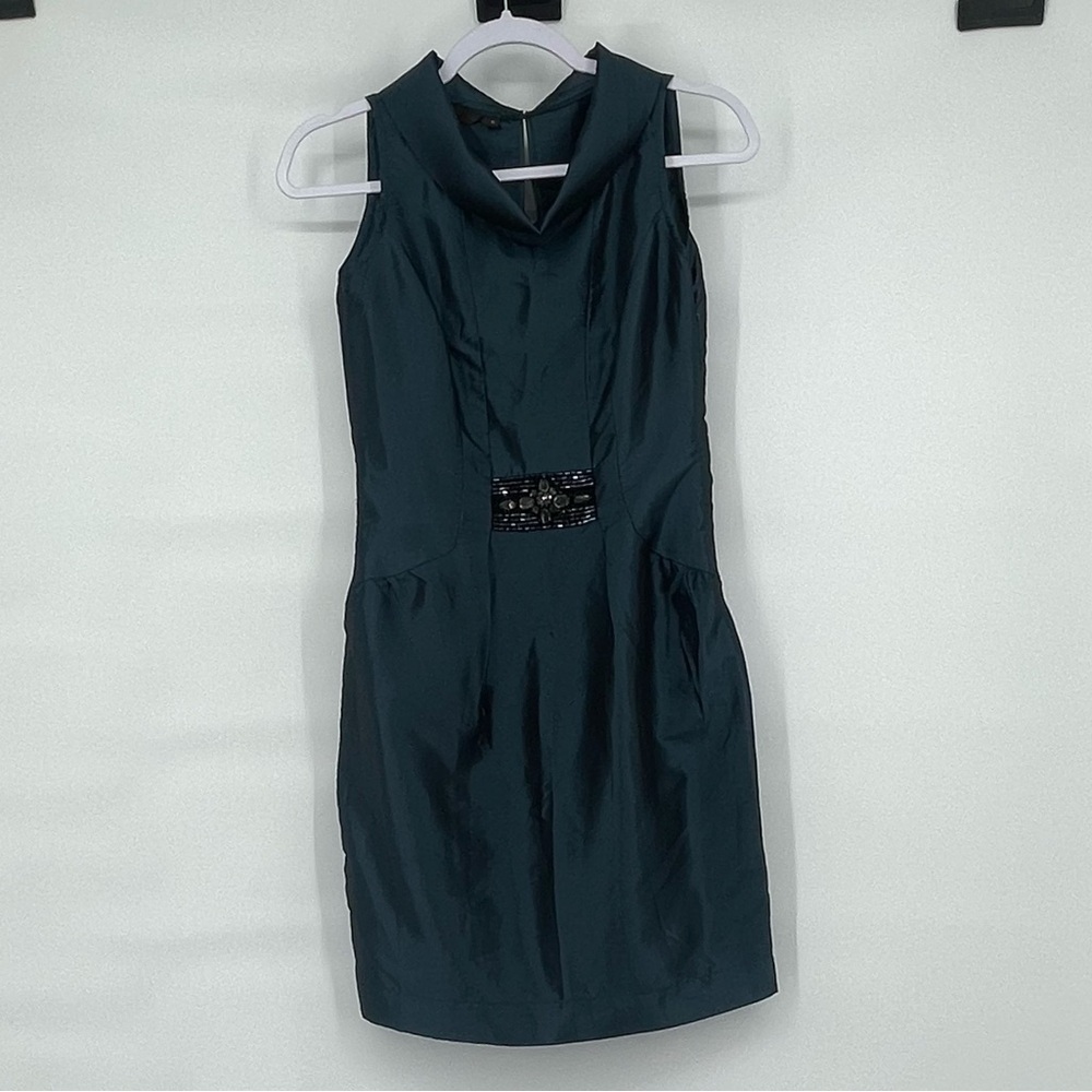 AND blue silk cowl neck beaded dress